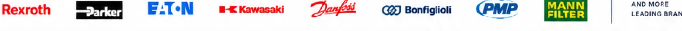 Rexroth, Parker, Eaton, Kawasaki, Danfoss, Bonfiglioli, PMP, and MANN FILTER logos